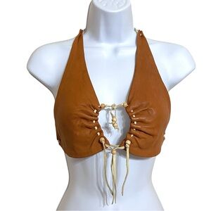 VTG 80s Hippie Leather Halter Top S Brown Beaded Western Boho Festival Lace Up